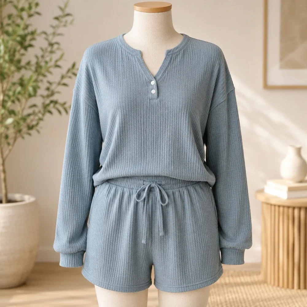 NWOT Unbranded Ribbed Knit Lounge Set  XL Green Henley Top & Shorts Loungewear
